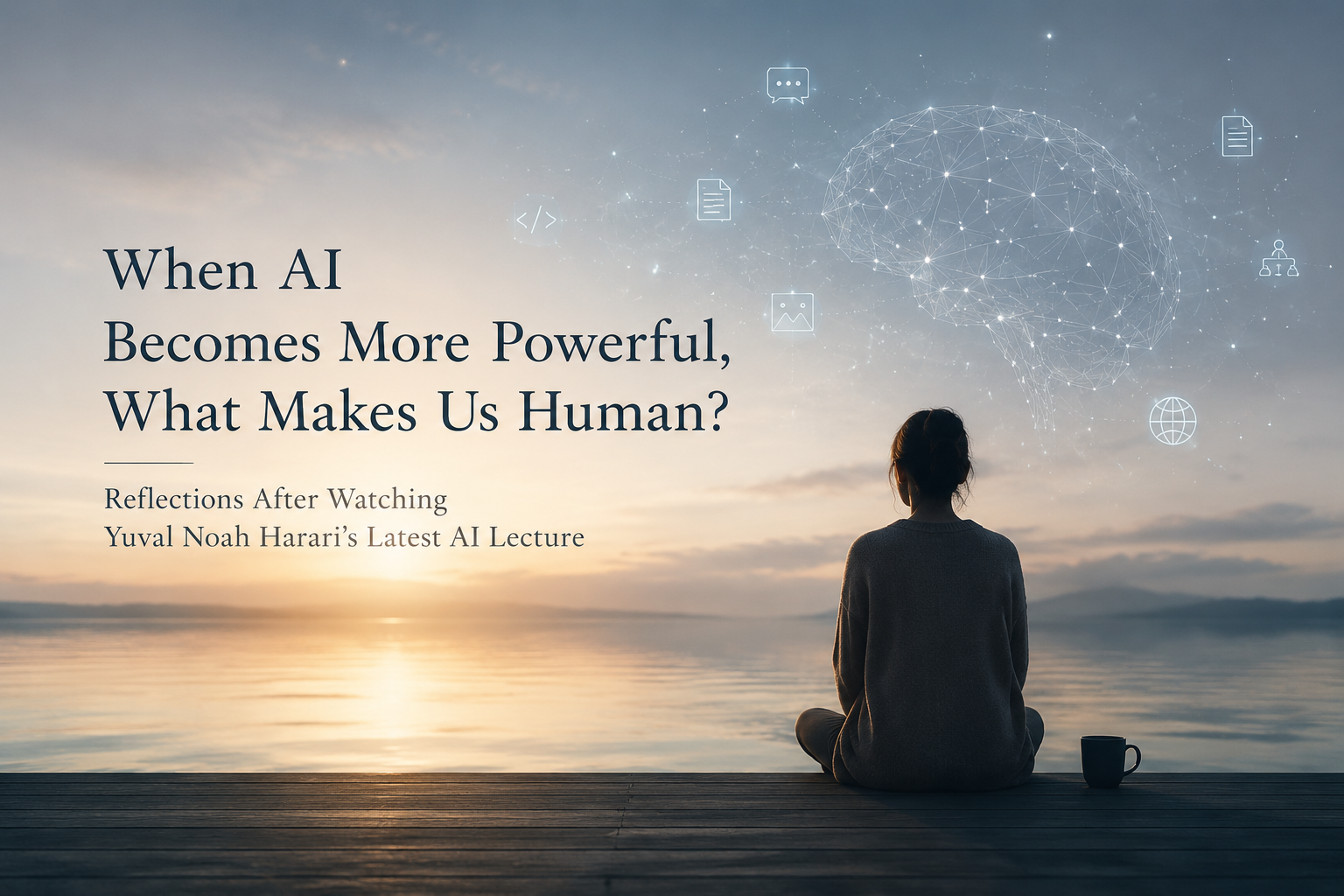 Conceptual illustration of artificial intelligence and human values, inspired by Yuval Noah Harari’s AI lecture, showing a person reflecting on creativity, judgment, and the future of humanity.
