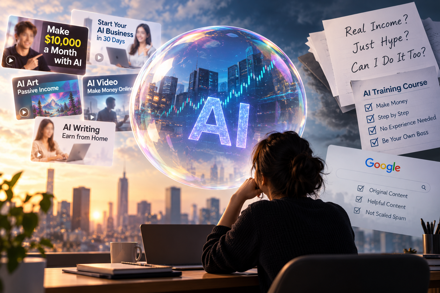 A woman reflects on the AI bubble as a glowing sphere represents rising tech valuations, surrounded by AI money-making promises, online courses, and questions about real income.