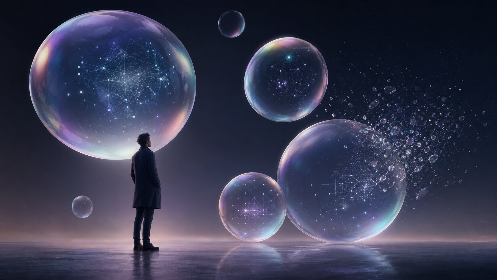 A person stands among iridescent bubbles containing abstract AI networks as one bubble begins to burst, symbolizing the gap between AI’s potential and human expectations