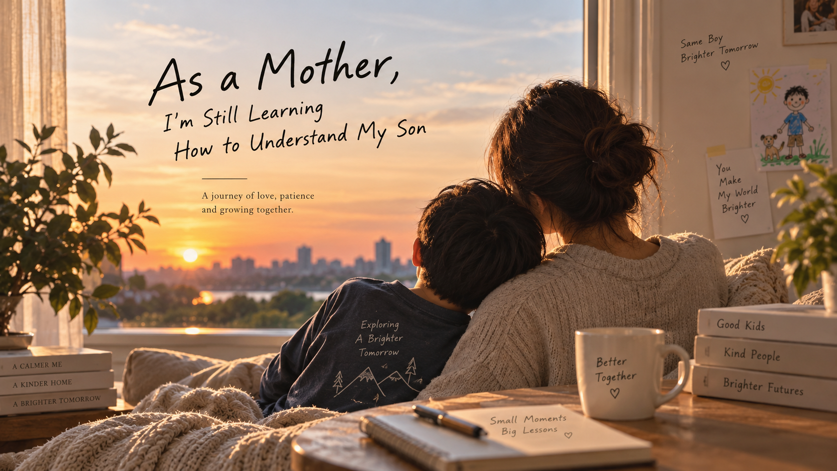 Mother and young son sitting together by a window at sunset, illustrating a personal journal about motherhood, communication, and understanding a growing boy.