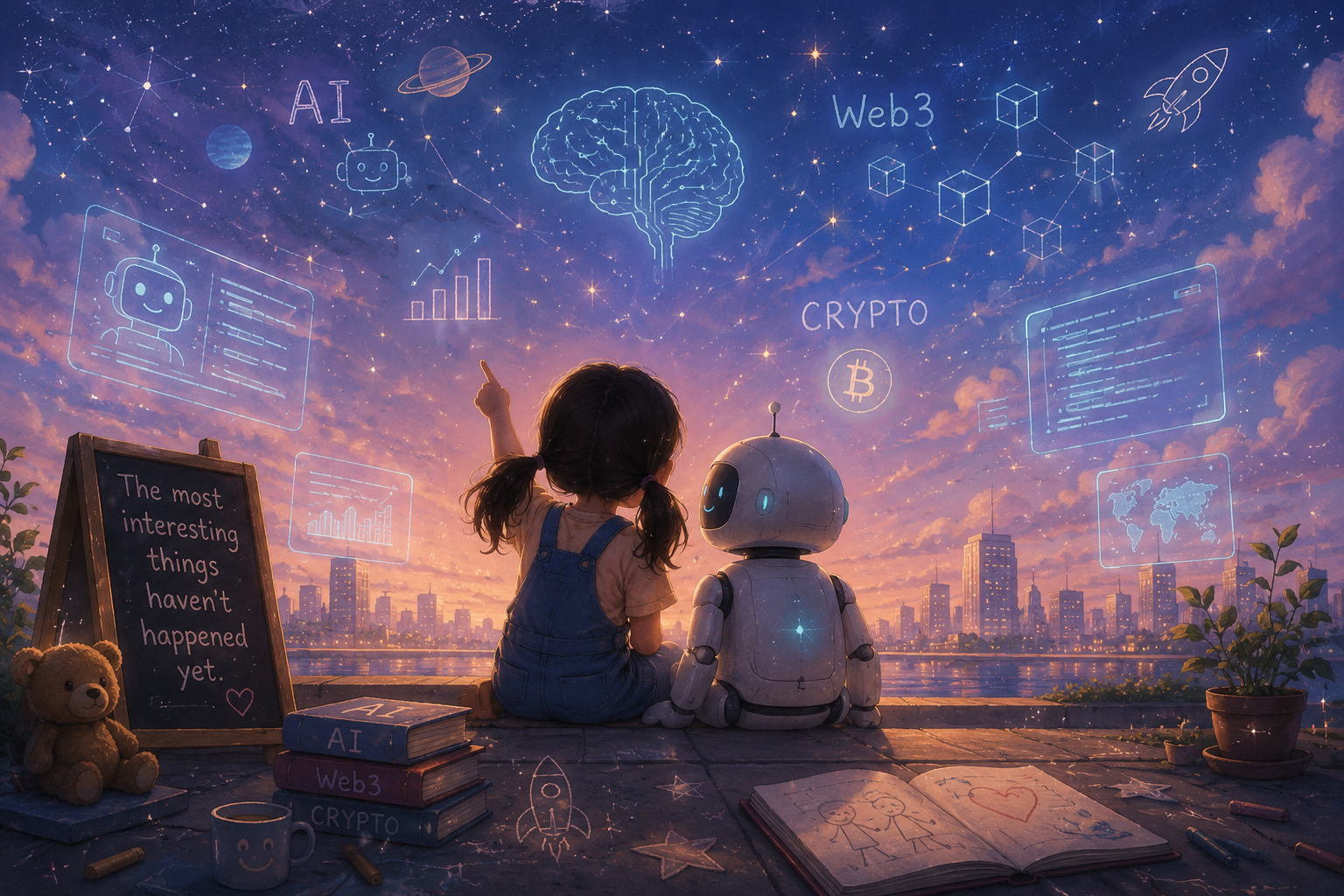Childlike illustration of a girl and a robot looking at a futuristic sky filled with AI, Web3, and crypto symbols, representing curiosity, learning, innovation, and the future of technology on Children's Day.