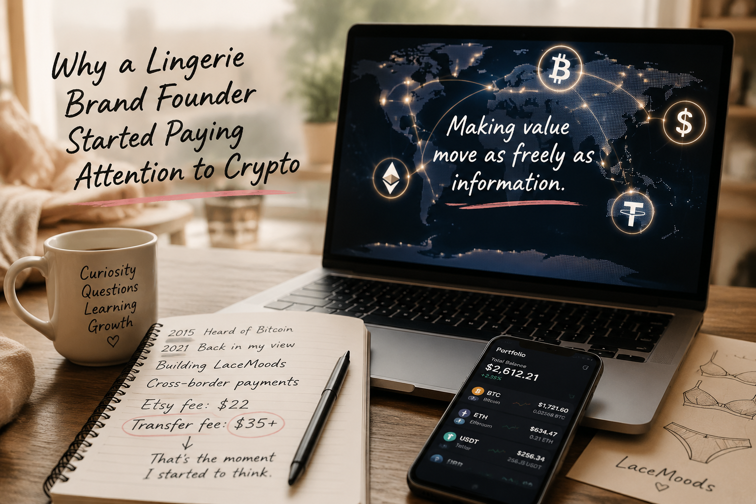 A desk with a laptop showing a global crypto network, a notebook with handwritten notes about Bitcoin and transfer fees, and a LaceMoods branded mug — the moment a lingerie brand founder started paying attention to crypto.