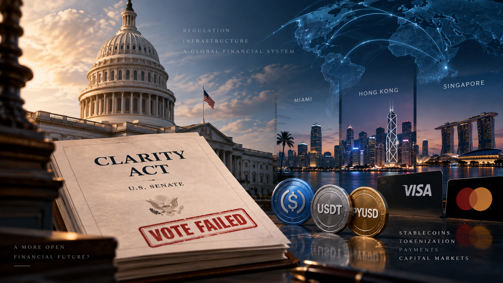 Editorial illustration of the CLARITY Act, U.S. Capitol, stablecoins and global financial centers representing crypto’s move into financial infrastructure.