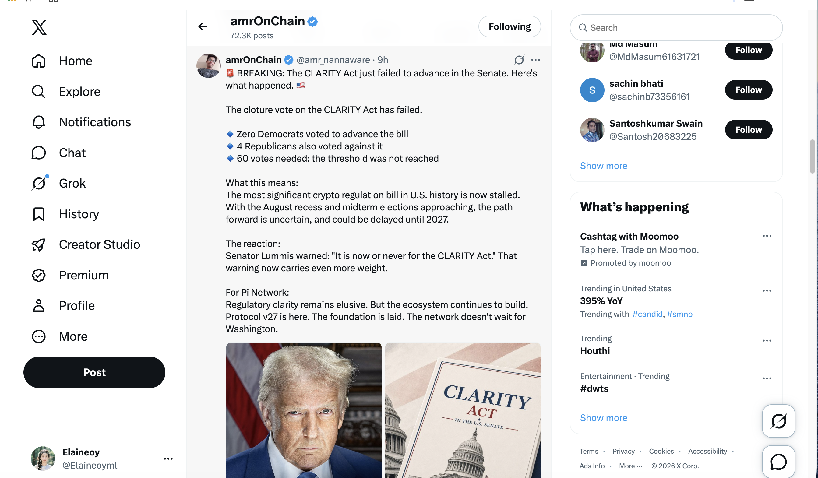 X post explaining that the CLARITY Act failed to advance in the U.S. Senate after falling short of the 60-vote threshold.