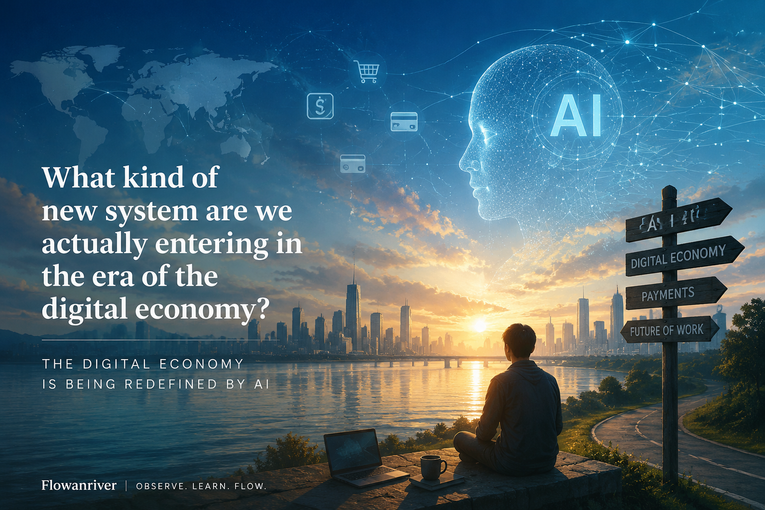 A calm evening scene of a person looking at a city skyline by the river, representing personal reflection on how AI and digital economy are reshaping work and life.