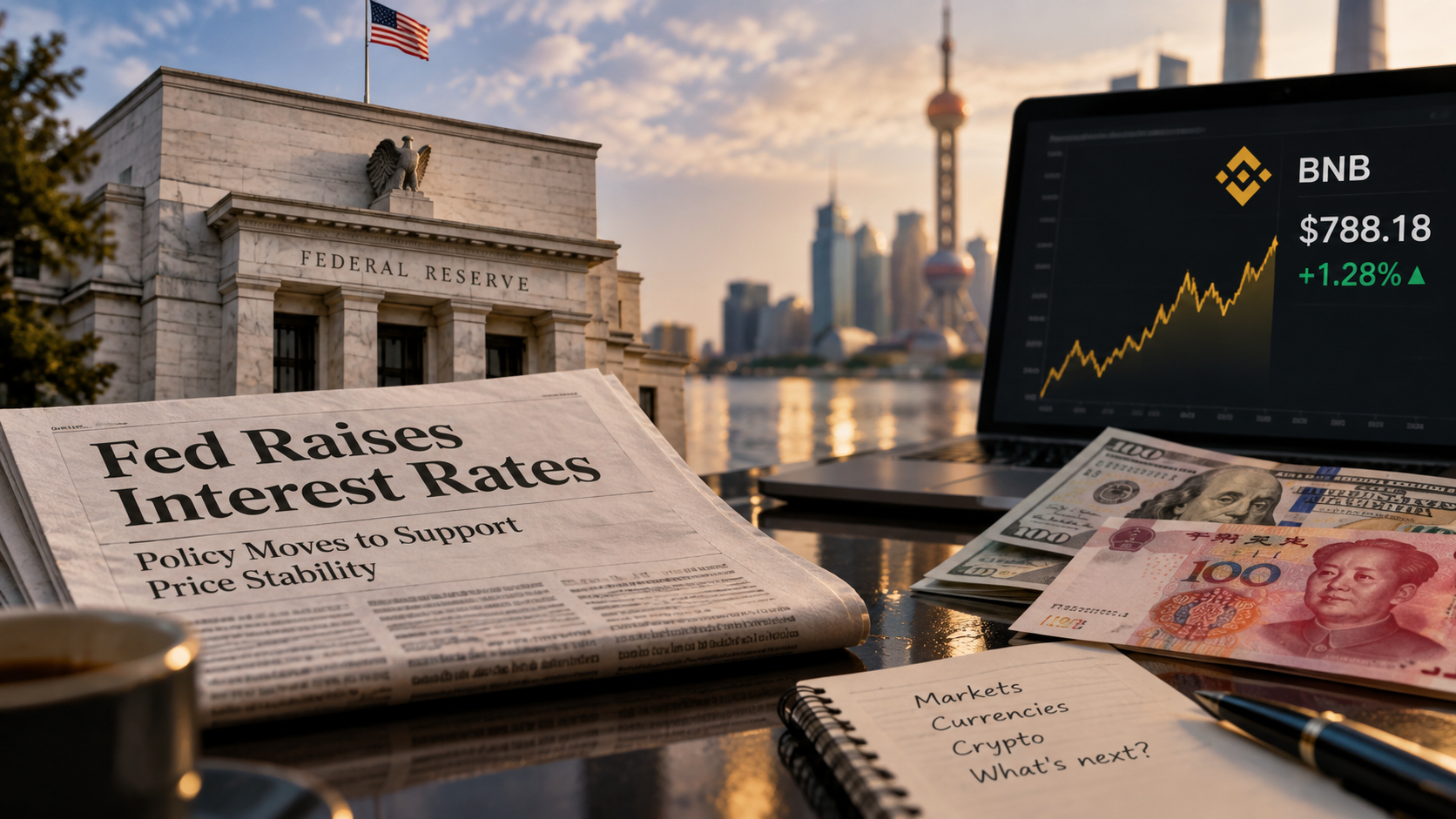 Federal Reserve rate hike, US dollar and RMB banknotes, and a rising BNB price chart illustrating market reactions in September 2026.