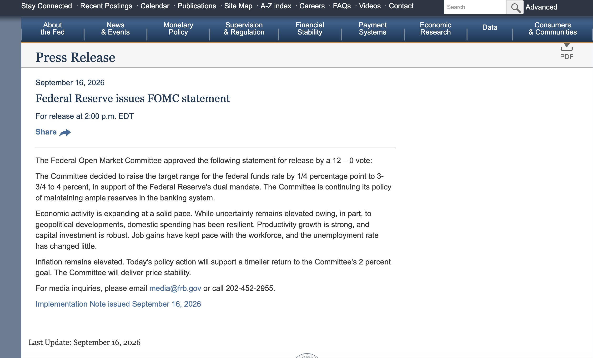 Federal Reserve FOMC statement on September 16, 2026, announcing a 25-basis-point rate hike to 3.75%–4.00%.