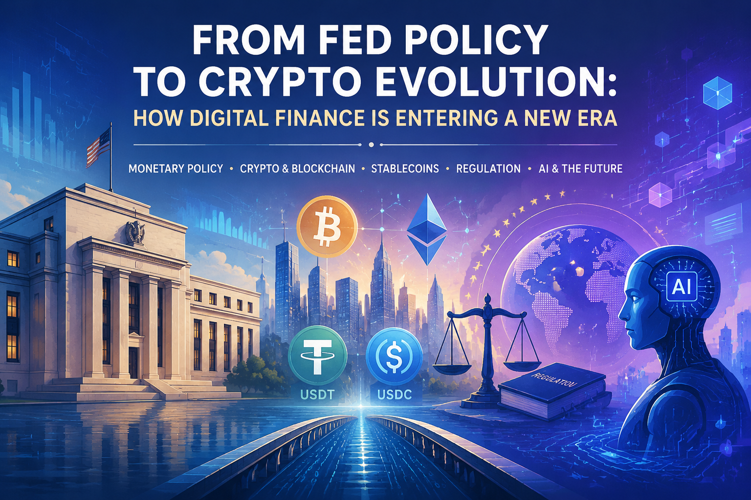 Illustration showing the evolution of digital finance from Federal Reserve policy and crypto markets to stablecoins, regulation, and AI-powered blockchain technology