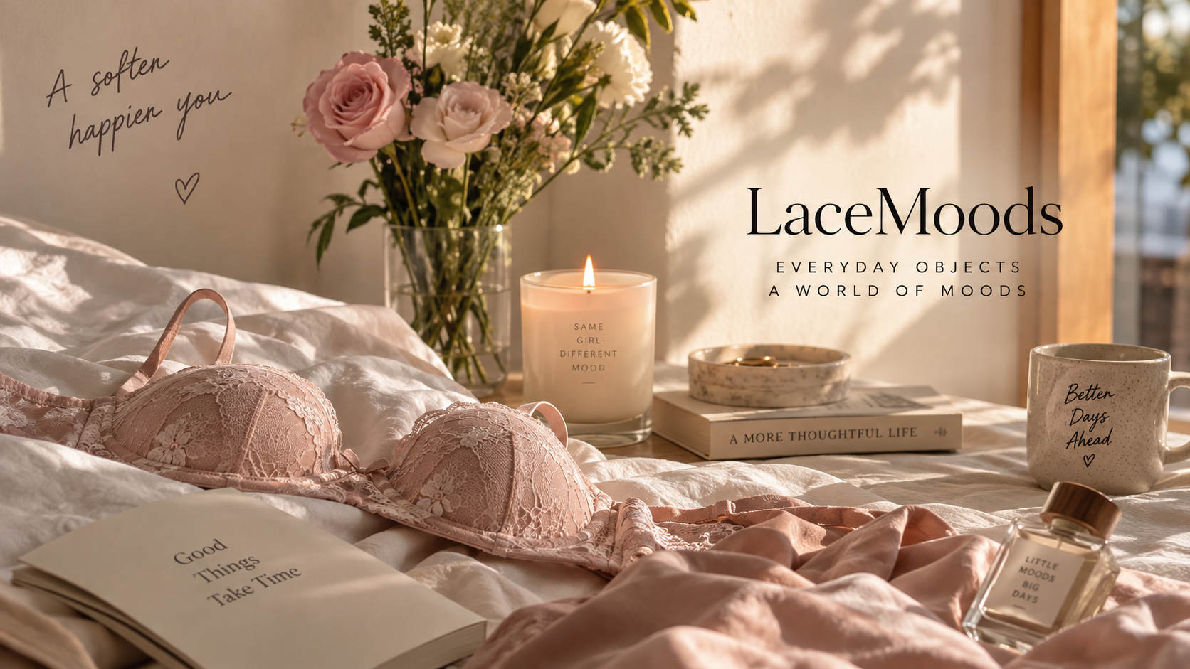 Soft feminine LaceMoods lifestyle scene with pink lace lingerie, flowers, candle, perfume, books, and warm sunlight.