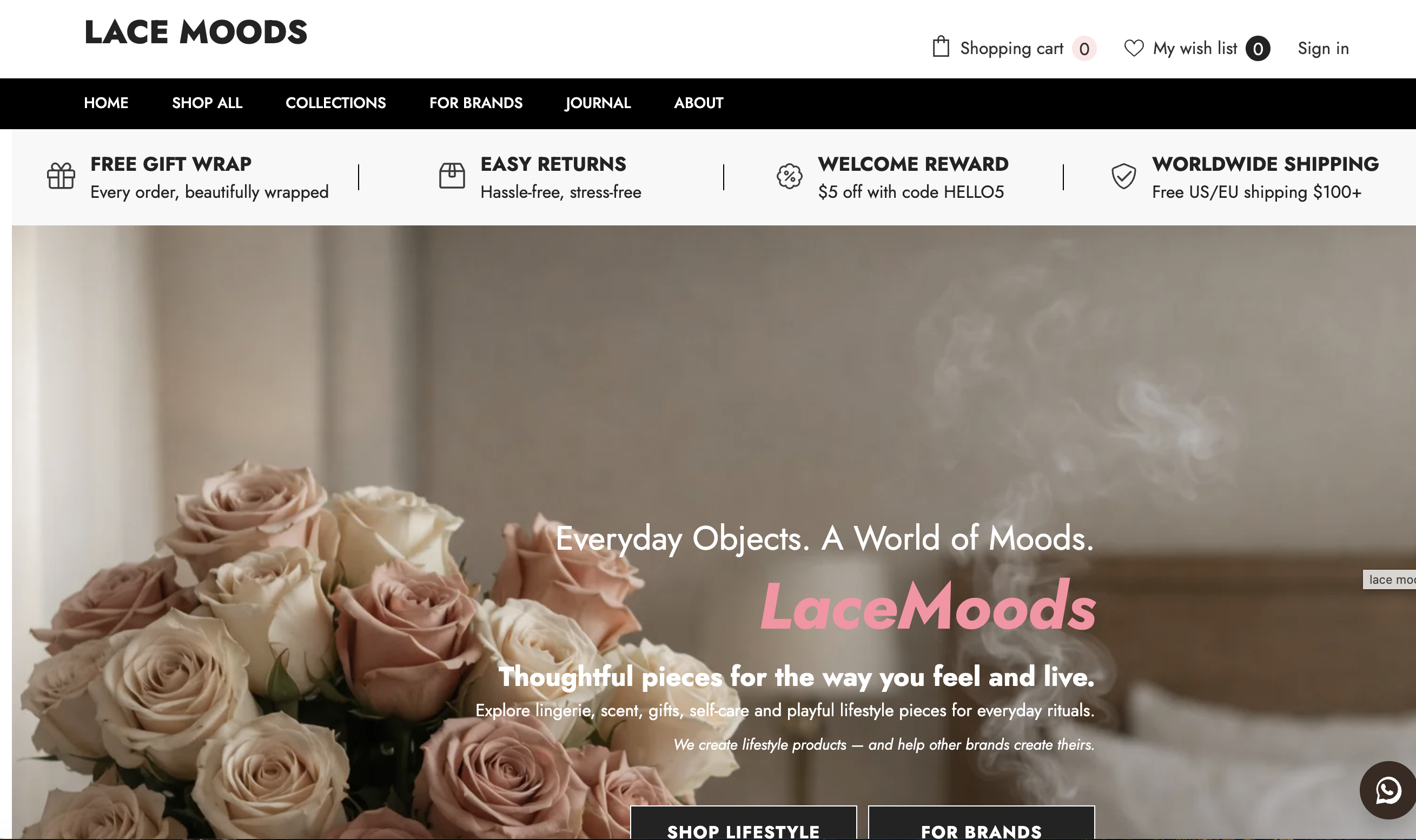 The redesigned LaceMoods homepage, reflecting its shift from lingerie into a broader lifestyle and product creation brand.