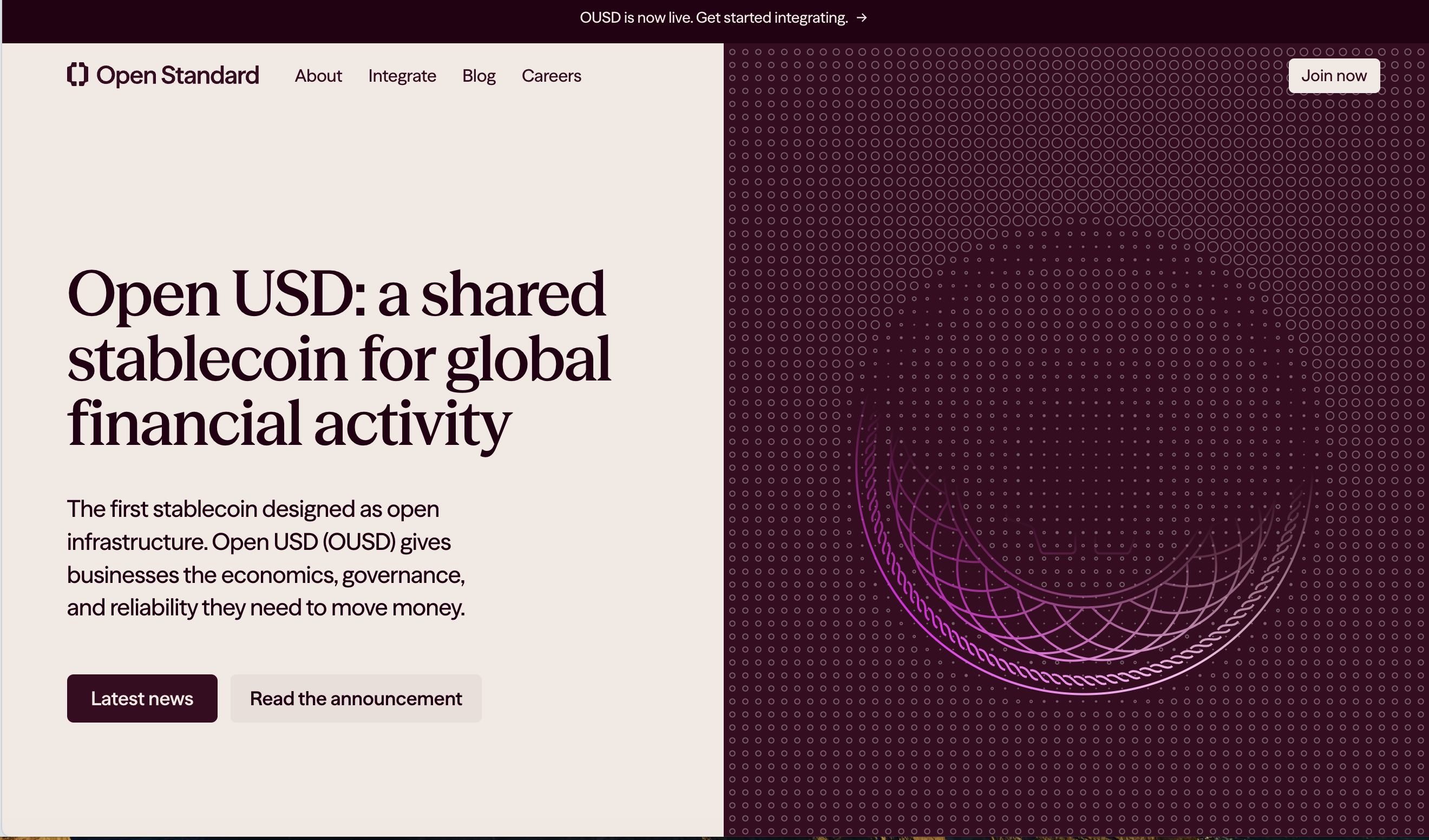 Open Standard homepage introducing Open USD (OUSD) as a shared stablecoin for global financial activity