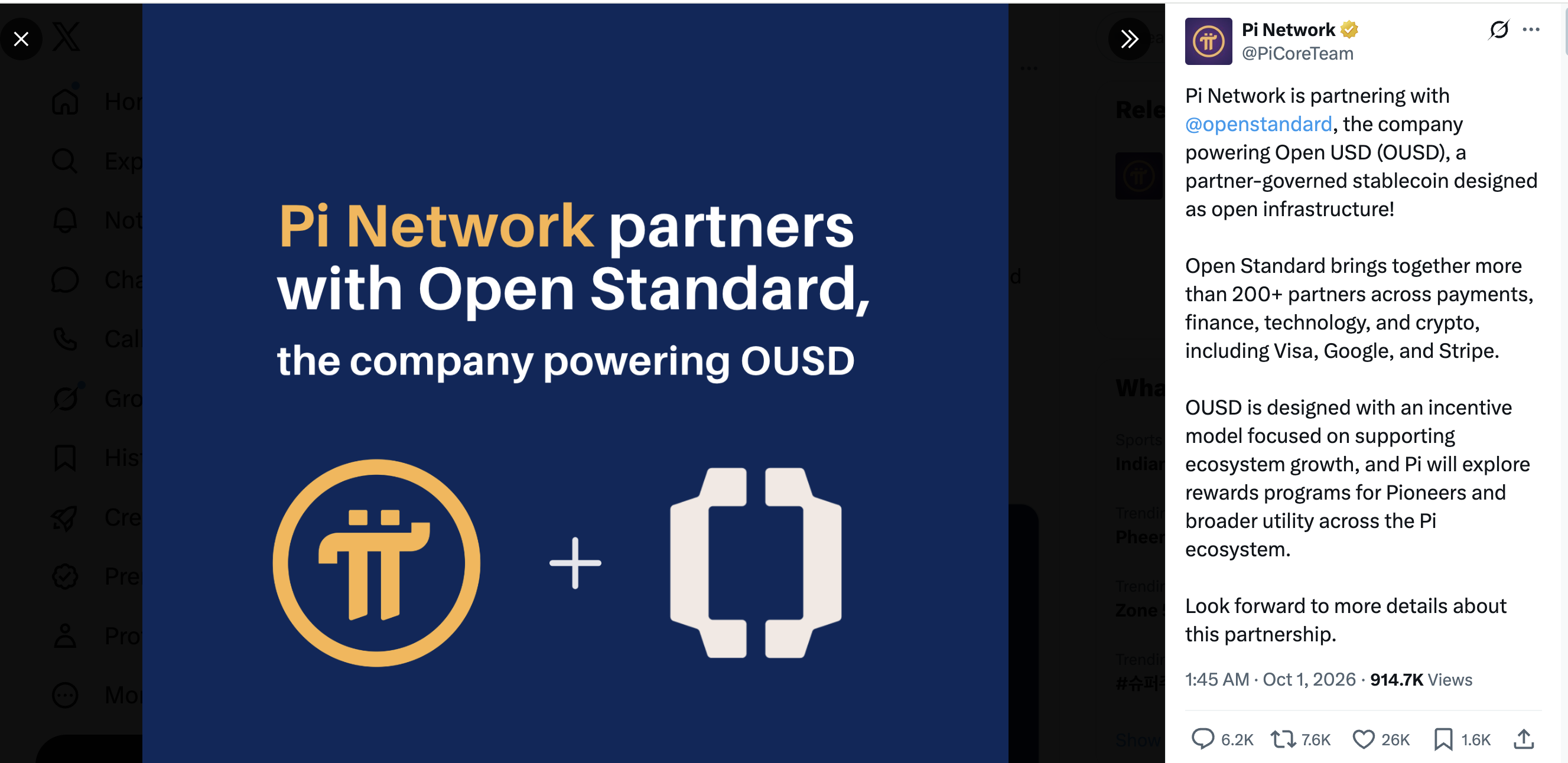 pi-network-open-standard-partnership-2026 Pi Network’s official announcement of its partnership with Open Standard, the company behind OUSD.
