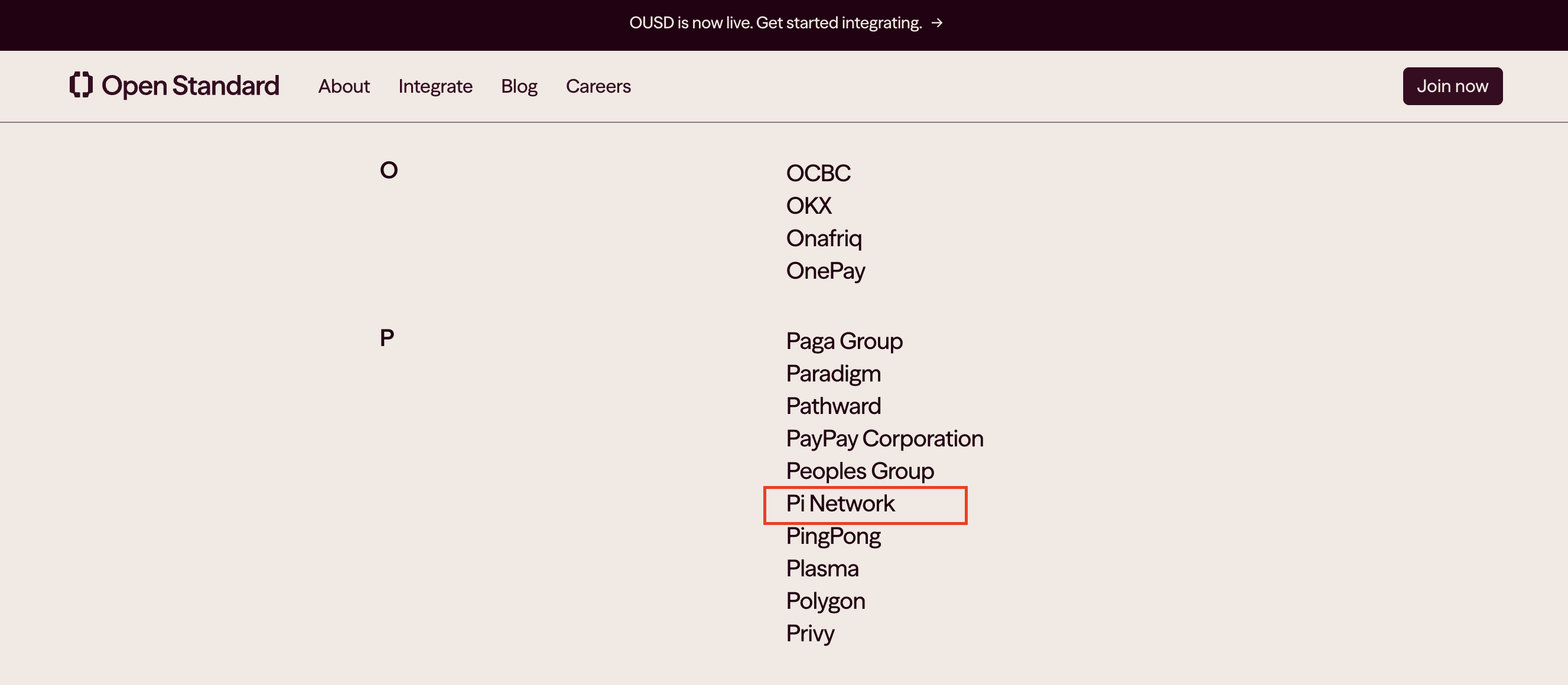 Pi Network is listed on Open Standard's website. Source: Open Standard. Pi Network appears in the organization directory on Open Standard’s official website.