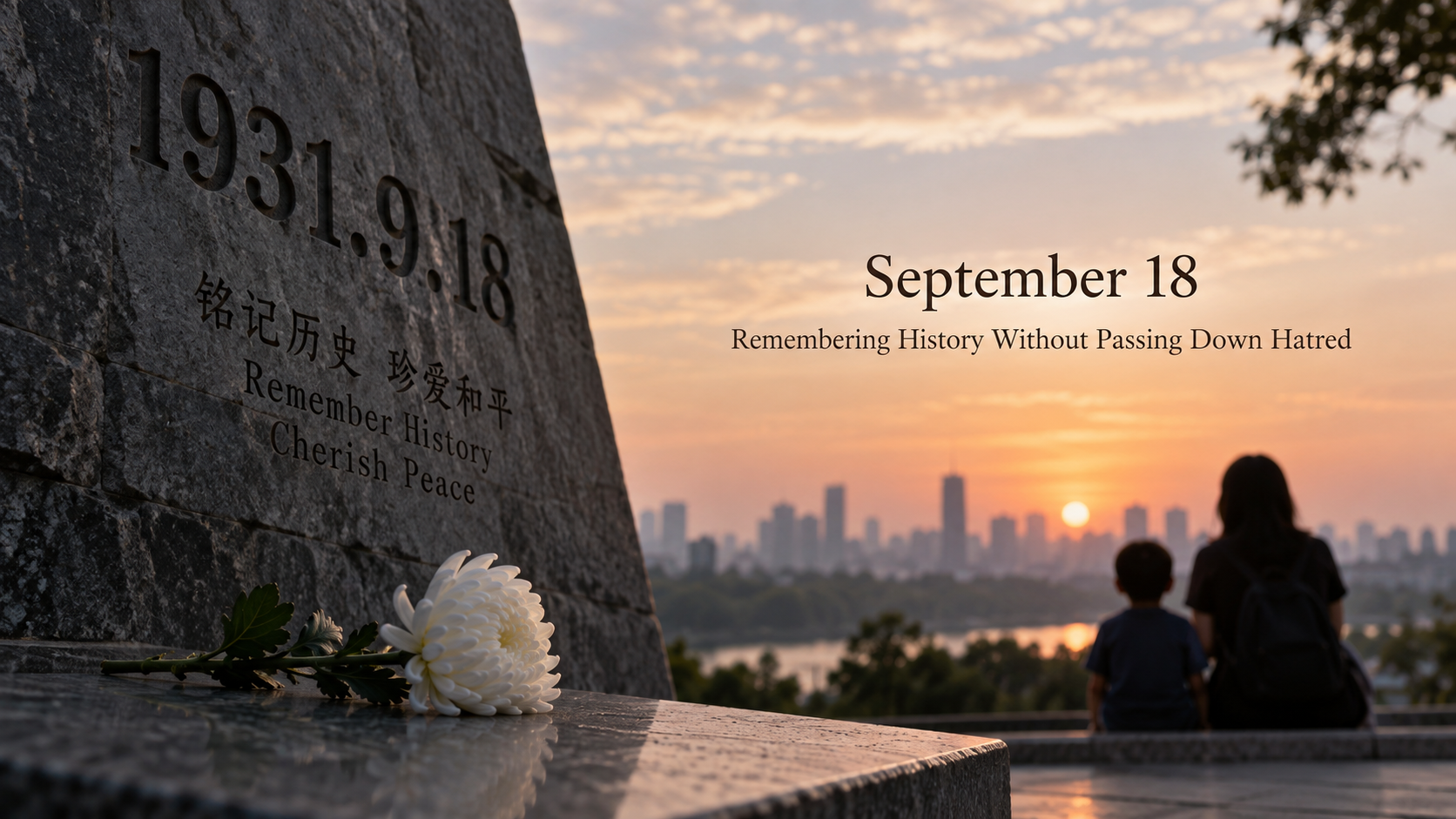 September 18 memorial image with a mother and child, a white chrysanthemum, and the words Remember History, Cherish Peace.