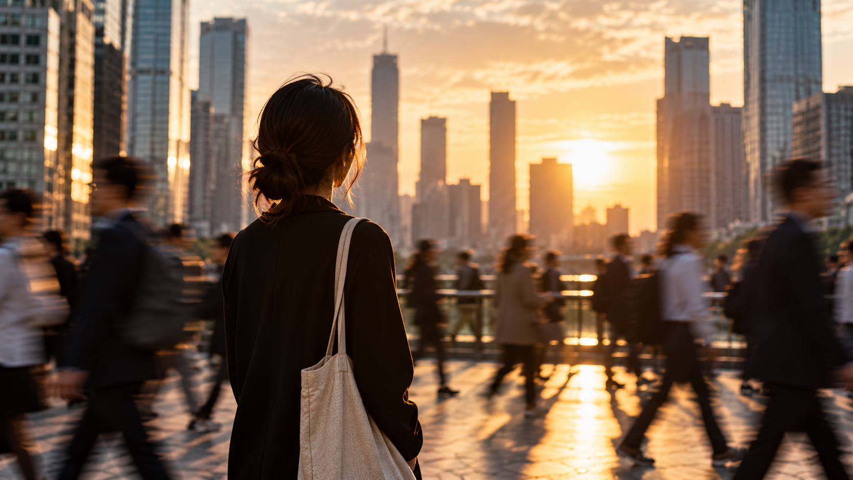 A woman standing still among a moving crowd at sunset, reflecting on human nature, personal choices, and responsibility.