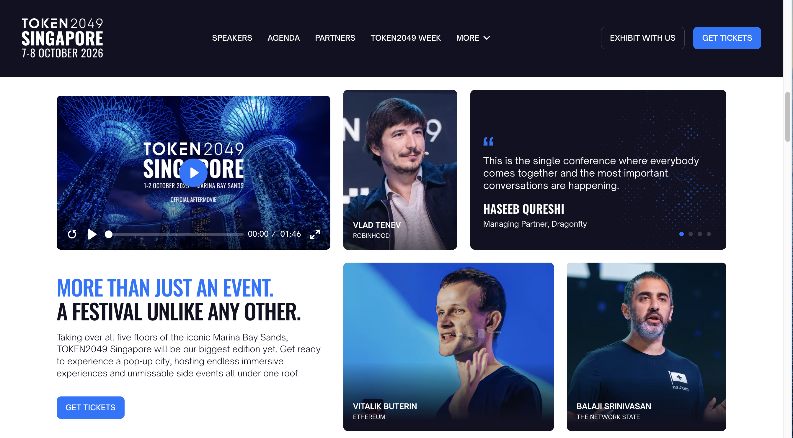 TOKEN2049 Singapore 2026 event page highlighting the scale of the global crypto, finance and technology conference.