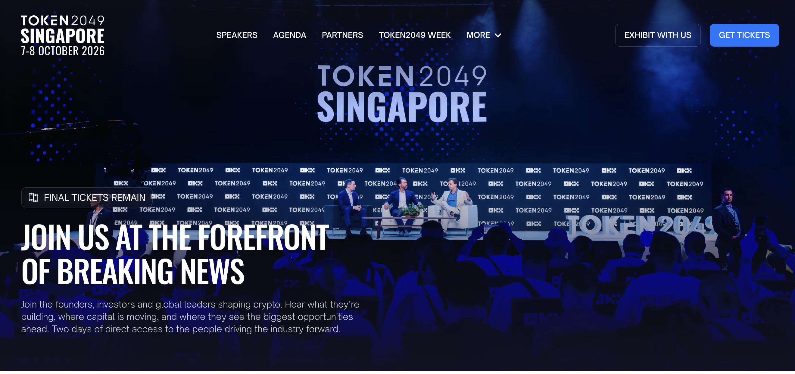TOKEN2049 Singapore 2026 conference stage and audience ahead of discussions on crypto, AI, stablecoins and the future of finance