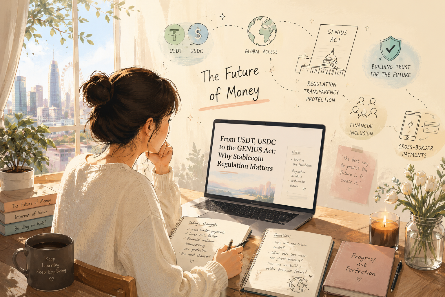 A visual representation of stablecoin regulation across the US, Hong Kong, and Singapore — USDT, USDC, and the GENIUS Act explained for beginners.