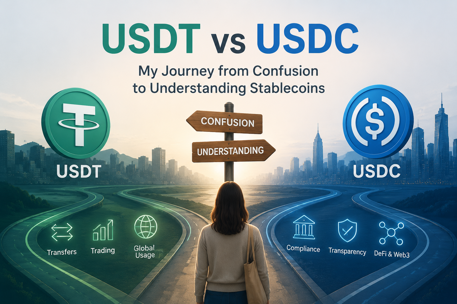 A visual comparison of USDT and USDC stablecoins — understanding the difference between Tether and Circle's digital dollars.